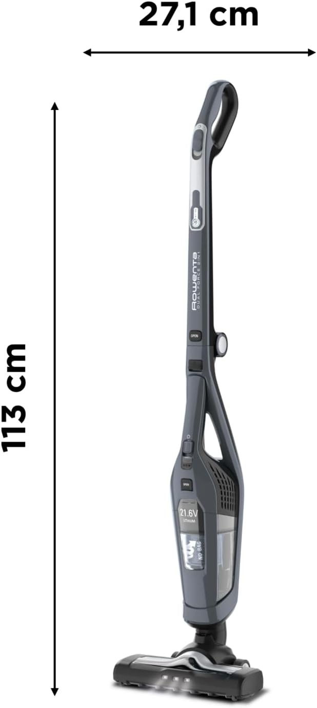 Aspirateur balai sans fil 2 en 1, Aspirateur à main intégré, Lumière LED, Léger, Poignée pliable, Autonomie 75 min, Toutes types de sols, Technologie cyclonique, Dual Force 2-en-1 RH6756WO Gris Unique