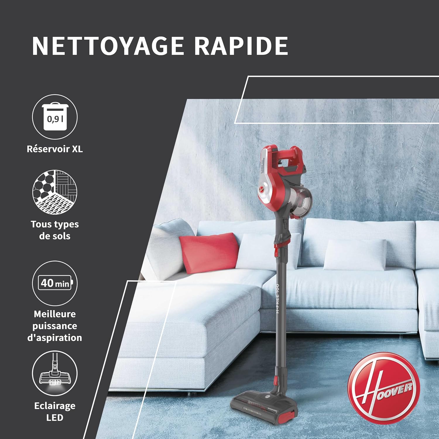 H-FREE100 HF122RH Aspirateur Balai sans Fil Multifonction, Puissant 22V,Grande Autonomie 40min, Maxi Capacité 0,9L,Position Parking,Filtre Lavable, Accessoires Embarqués Brosse Meuble + Suceur Tous Sols