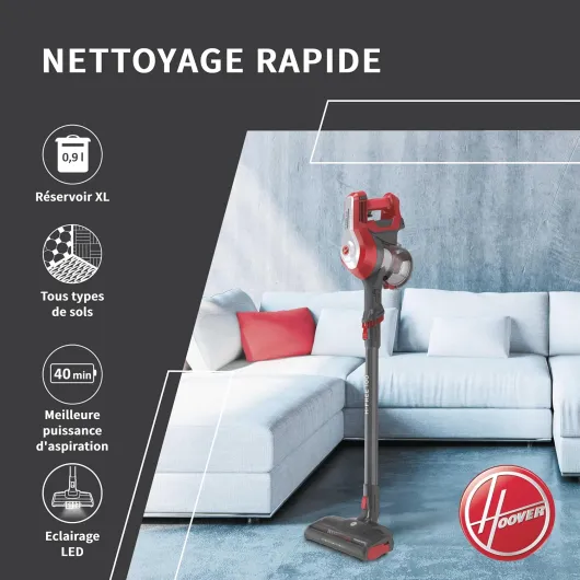 H-FREE100 HF122RH Aspirateur Balai sans Fil Multifonction, Puissant 22V,Grande Autonomie 40min, Maxi Capacité 0,9L,Position Parking,Filtre Lavable, Accessoires Embarqués Brosse Meuble + Suceur Tous Sols