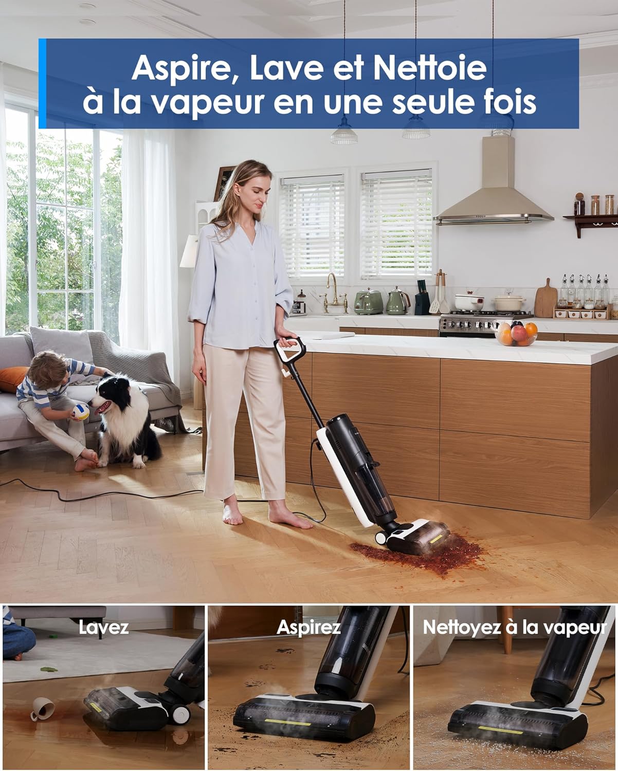 IFLOOR 5 Steam Aspirateur Vapeur Aspirateur Sec Humide Tout-en-Un, Nettoyeur Vapeur Sol, Parfait pour Les Saletés Collantes, Vapeur à Haute Température à 120°C, Auto-Nettoyage à la Vapeur