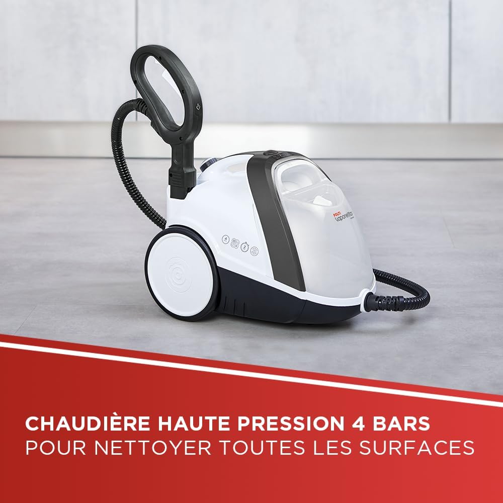 Vaporetto Smart 120, Nettoyeur Vapeur avec Chaudière Haute Pression 4 Bars, Réservoir Amovible 2 Litres, Autonomie Illimitée, Chauffe en 2 Minutes, 14 Accessoires Inclus, Blanc et Noir