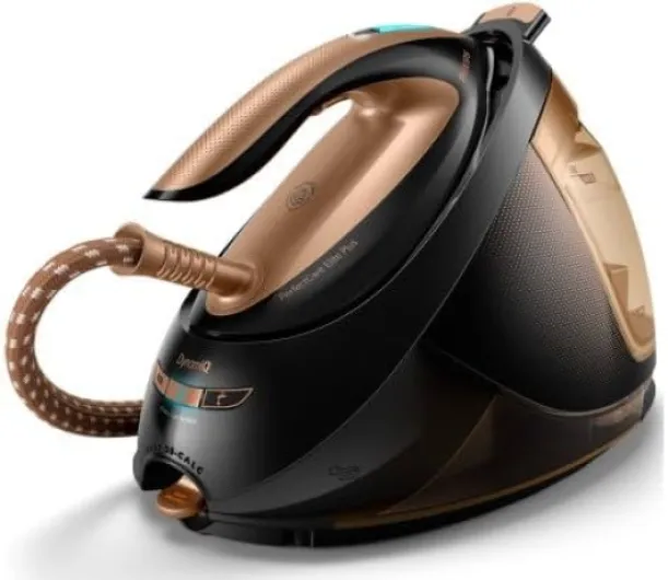 Centrale Vapeur PerfectCare Elite Plus - Puissance 2700W, Effet pressing 600g, Pression 8 bars, Technologie OptimalTEMP, Eco, Semelle T-IonicGlide, Réservoir 1.8L, Noir/Doré (GC9682/80) Effet Pressing 600g 7.7 Bars