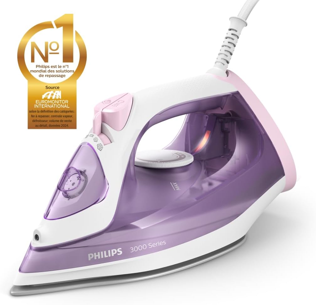 Fer à repasser Série 3000 - Puissance Fer à Vapeur 2000W, Effet Pressing 140 g, Débit Vapeur Continue 30 g/min, Semelle en Céramique Anti-Rayures, Réservoir 300ml, Mauve/blanc (DST3010/30) Effet Pressing 140g Violet/Blanc