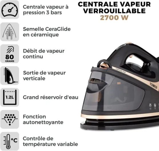 T22023GLDVDE Fer à repasser Doré champagne et noir Générateur de vapeur Centrale Vapeur Ceraglide Fer Noir et Or