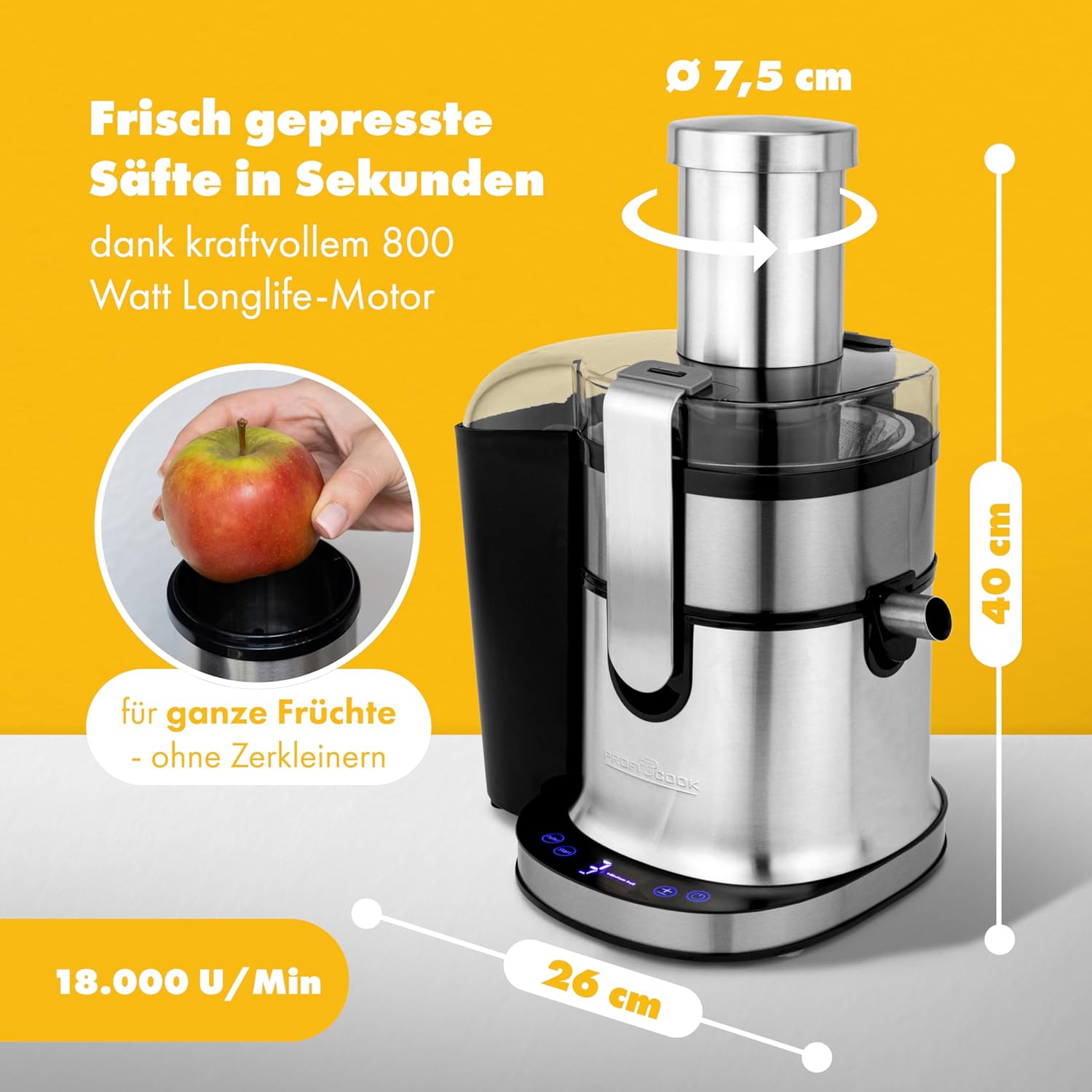 PROFI COOK PC-AE 1156 - Centrifugeuse Professionnelle - Bol 1 litre - 5 vitesses - Fonction turbo - Commande tactile - Affichage LED - 800 Watts - Couleur Argent et Noir