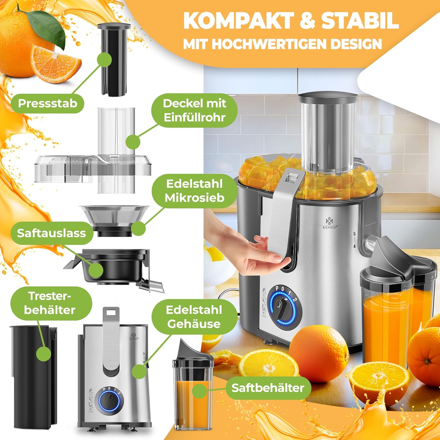 KESSER - Centrifugeuse en Inox Fruits et légumes 1100W, Extracteur de jus, Capacité 1L, Ouverture 85mm