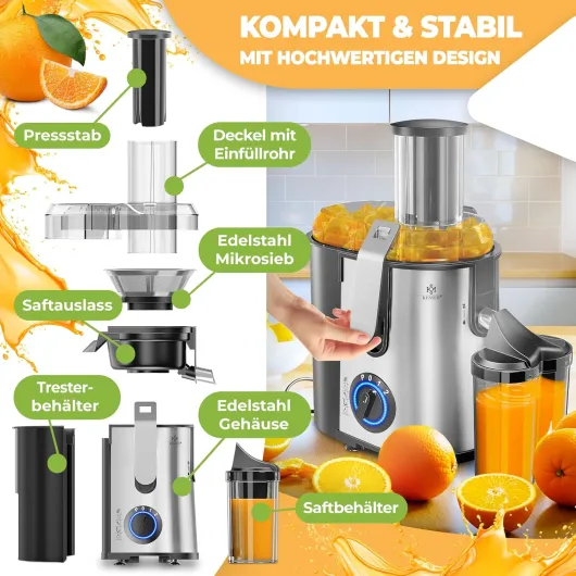 KESSER - Centrifugeuse en Inox Fruits et légumes 1100W, Extracteur de jus, Capacité 1L, Ouverture 85mm