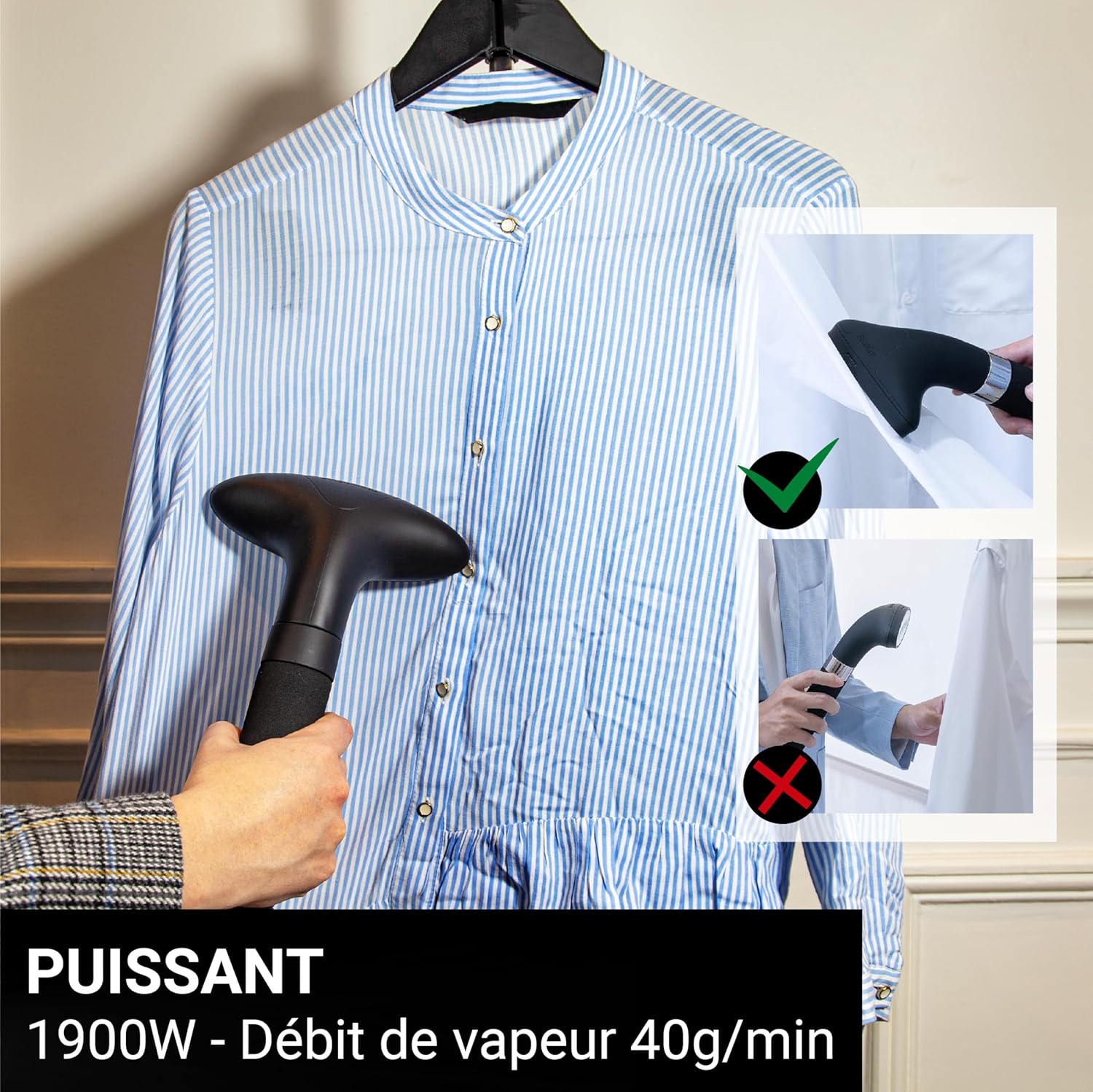 Steamer Défroisseur Vapeur 1900W 40g/min Unilys UNI900GB - Fer Vertical Autonomie 35min (1200ml) - Élimine 99,99% d'Impuretés - Prêt en 60s - Utilisation et Rangement Faciles - Tout Tissu Litrage 1,2L