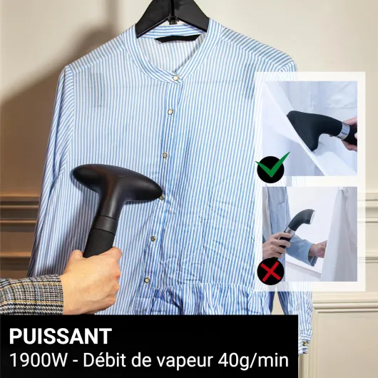 Steamer Défroisseur Vapeur 1900W 40g/min Unilys UNI900GB - Fer Vertical Autonomie 35min (1200ml) - Élimine 99,99% d'Impuretés - Prêt en 60s - Utilisation et Rangement Faciles - Tout Tissu Litrage 1,2L