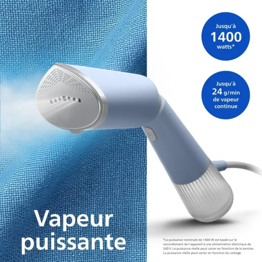 Défroisseur à Main 5000 Séries - Steamer 1300W, Vapeur 24g/min, Réservoir 120ml, prêt en 35sec, plaque chauffante, modes Éco & Max, pochette, Léger 720g, bleu céleste (STH5020/20)