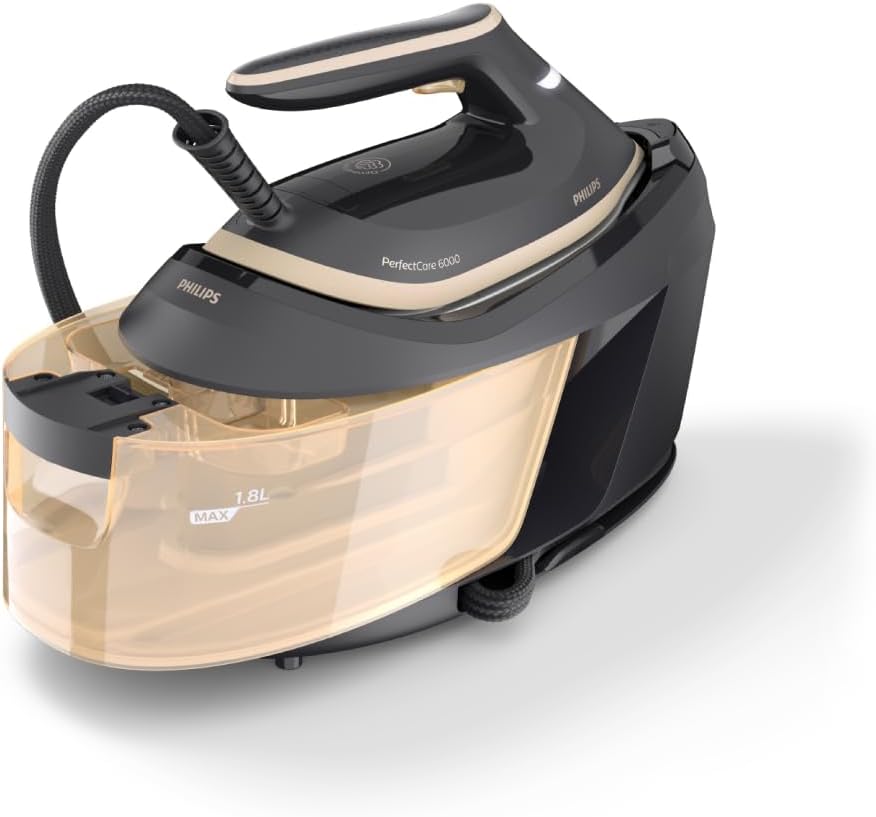 Centrale Vapeur PerfectCare Série 6000 - Puissance 2400W, Effet Pressing 600g, Pression 8 bars, Technologie OptimalTEMP, Semelle SteamGlide advanced, Réservoir 1.8L, Noir/Doré (PSG6064/80) 8.0 Bars 600 g Dampfstoß