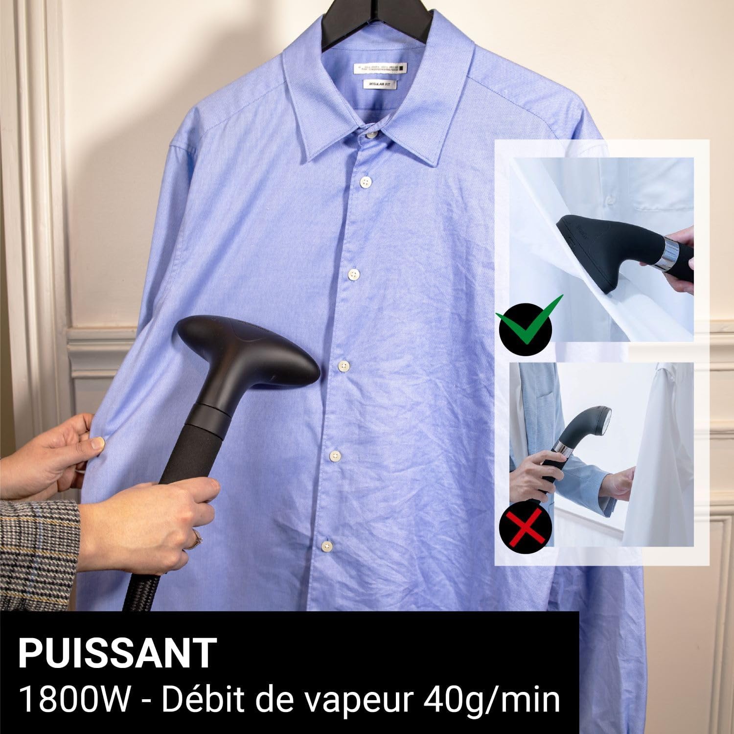 Steamer Défroisseur Vapeur 1800W 40g/min H18B - Fer Vertical Autonomie 45min (1800ml) - Élimine 99,99% d'Impuretés - Prêt en 60s - Câble 2m - Tuyau Triple Protection Thermique