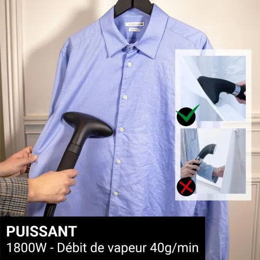 Steamer Défroisseur Vapeur 1800W 40g/min H18B - Fer Vertical Autonomie 45min (1800ml) - Élimine 99,99% d'Impuretés - Prêt en 60s - Câble 2m - Tuyau Triple Protection Thermique