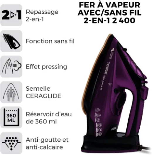 Fer à Repasser Vapeur - Fer à Repasser sans Fil avec Semelle en Céramique et Fonction Vapeur Variable, Violet Fer à repasser avec/sans fil Violet