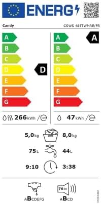 CSWS485TWMRE-FR Lave-linge séchant frontal 8 kg / 5 kg, 1400 tr/min, 15 programmes, Classe A, Moteur Inverter, Fonction vapeur, Blanc