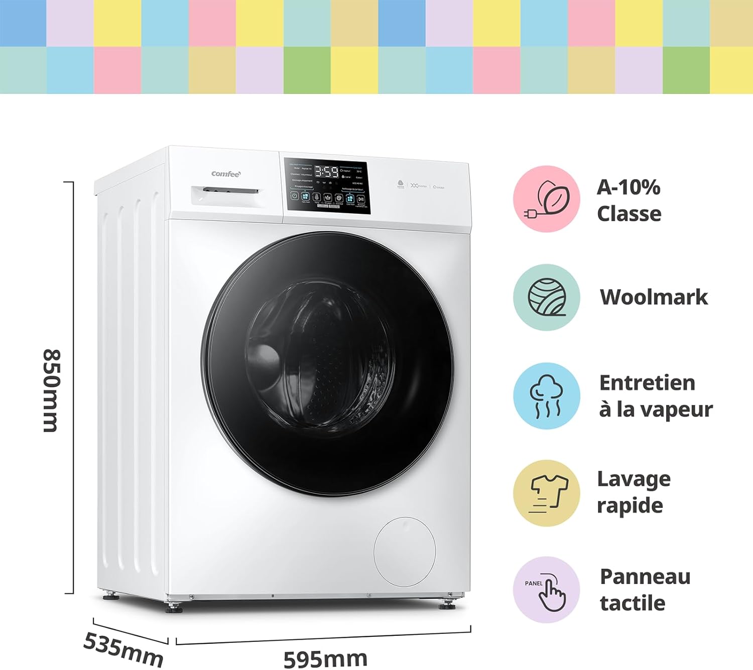 ' CFP03EW100W-FR Lave-linge autonome, Capacité 10KG, Classe A -10%, Soin Vapeur, Moteur BLDC, Woolmark, Panneau Tactile, Blanc [Classe Énergétique A]