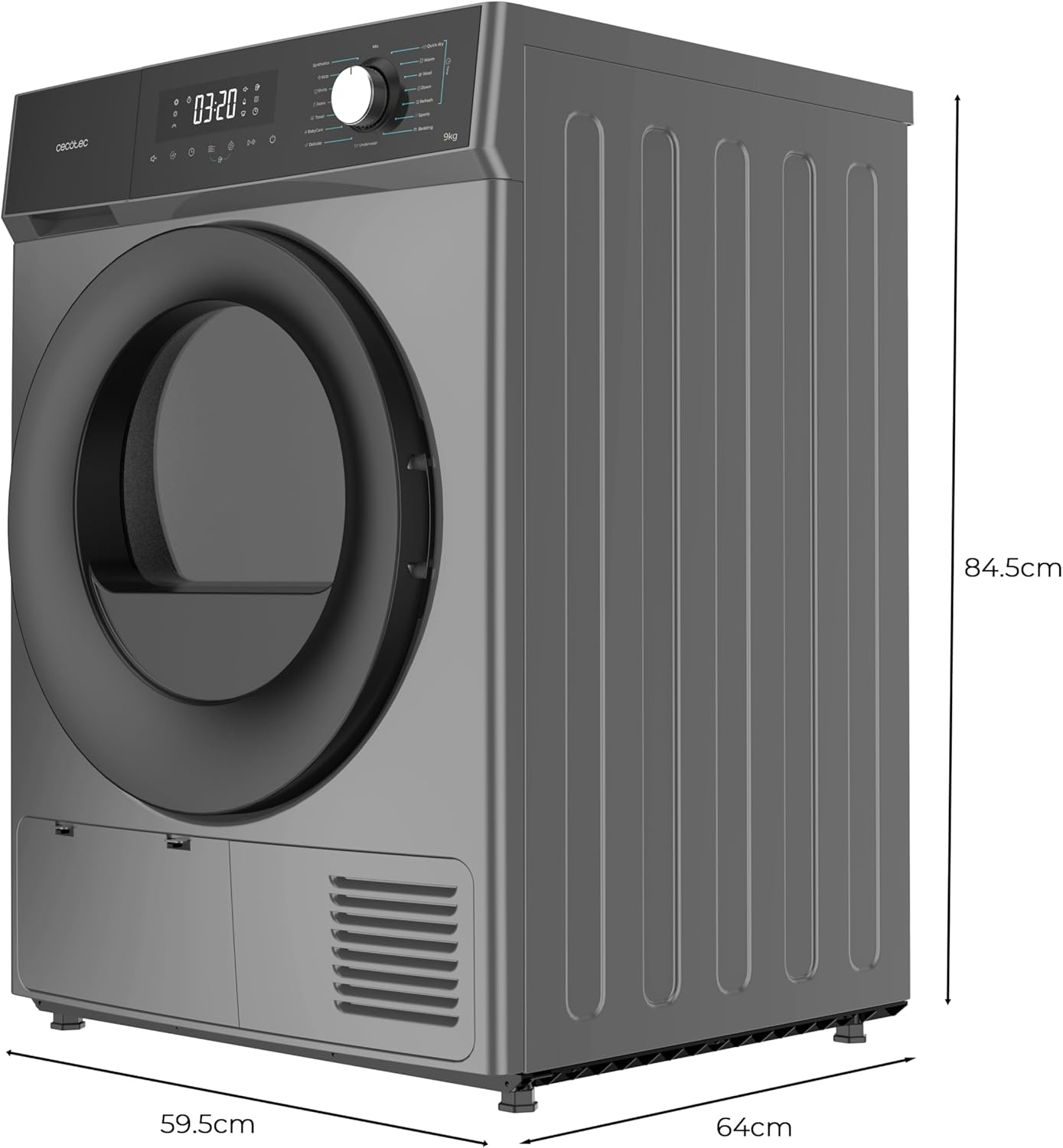 Sèche-linge 9Kg à Pompe à Chaleur Bolero Dresscode Dry 9330 Steel - Classe Équivalente A++, 15 Programmes, Fonctions de Séchage Auto, Repassage Facile, Stop&Go, Delay Start et KidLock, Acier