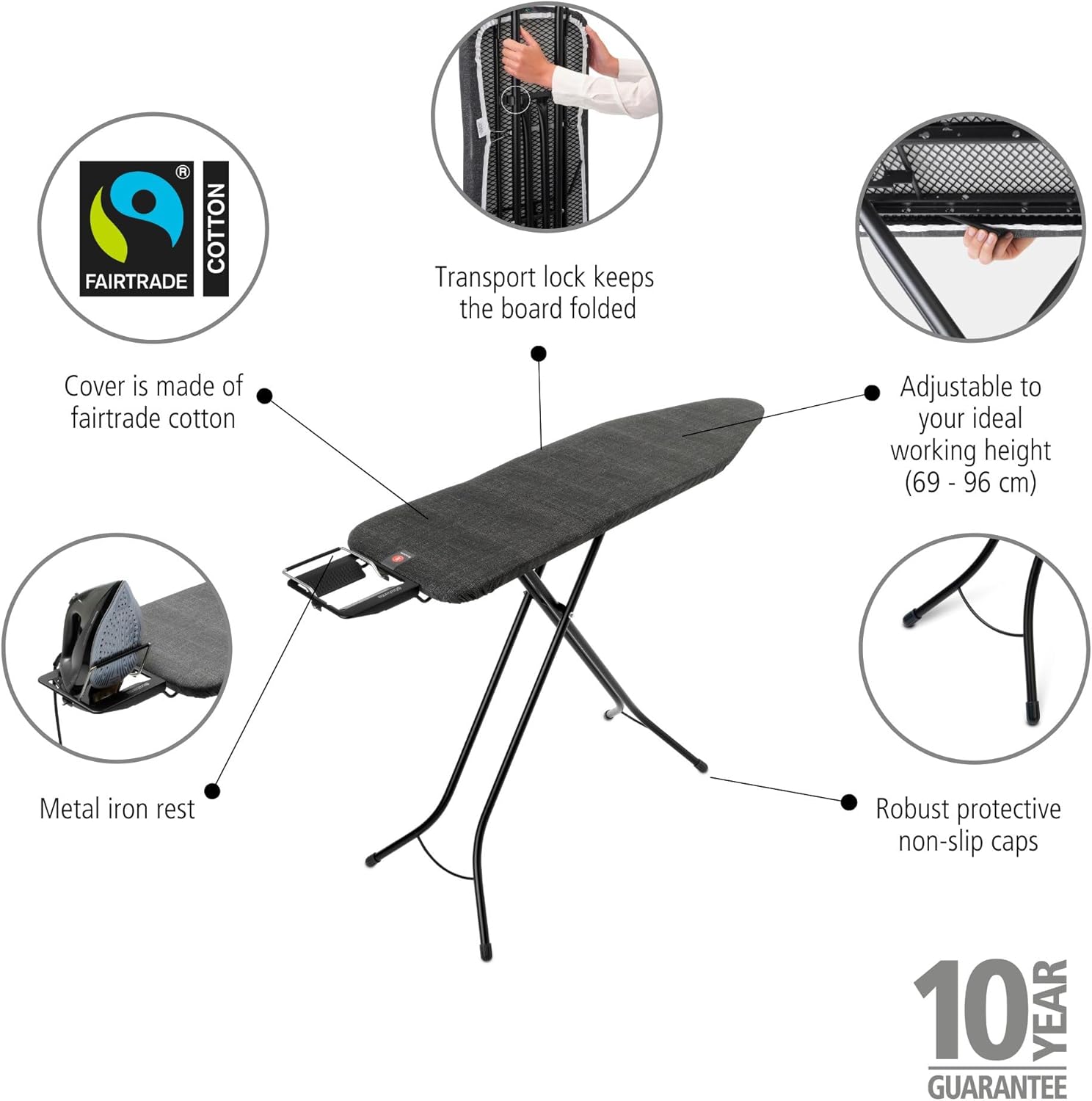 Table à Repasser Taille B - pour Fer Vapeur - Planche a Repasser - pour Les Gauchers et Les Droitiers - Plateau Extra-Stable - pour Fers Jusqu'à 13,5 cm - Denim Black - 124x38cm 124 x 38 cm Repose-fer ajustable Denim Black