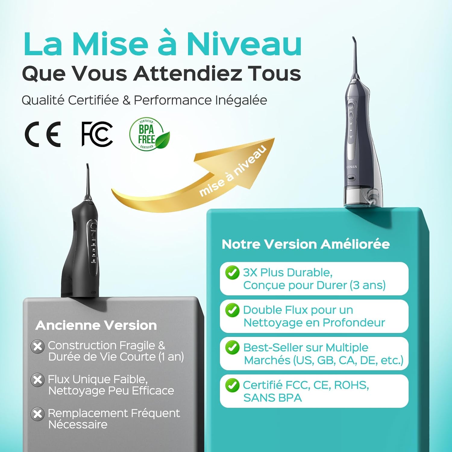 Jet Dentaire Hydropulseur Portable 300 ML Sans Fil Irrigateur Dentaire Rechargeable Hydropulseur Dentaire Double Débit d'eau Water Oral Flosser Étanche IPX7 Pour La Maison et Les Voyages Gris