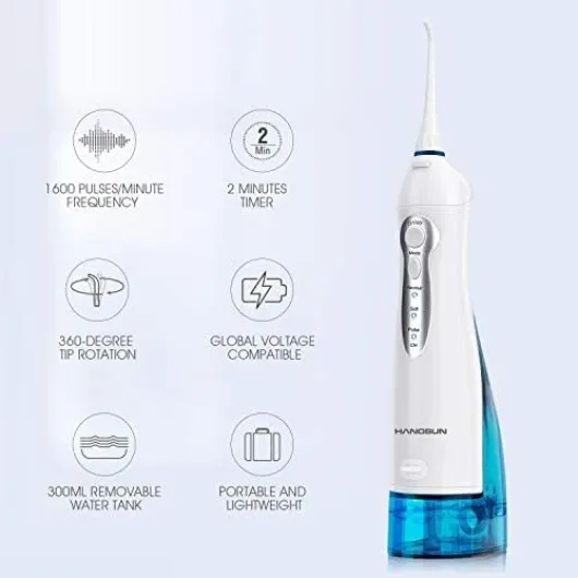 Hangsun Jet Dentaire Hydropulseur Irrigateur Oral, USB Chargé Portable Water Flosser, Réservoir 300 ml et 8 Buses de Jet pour Voyage et Maison HOC700