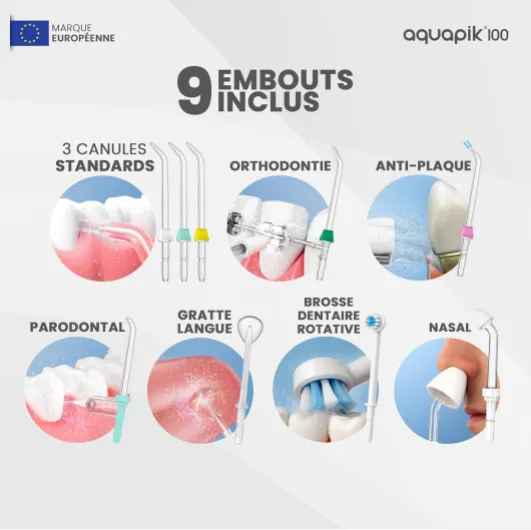 Hydropulseur dentaire Aquapik Water flosser IPX8 avec 10niveaux de pression, 9 embouts, réservoir 600 ml, idéal orthodontie, implants et gencives sensibles Blanc A-blanc