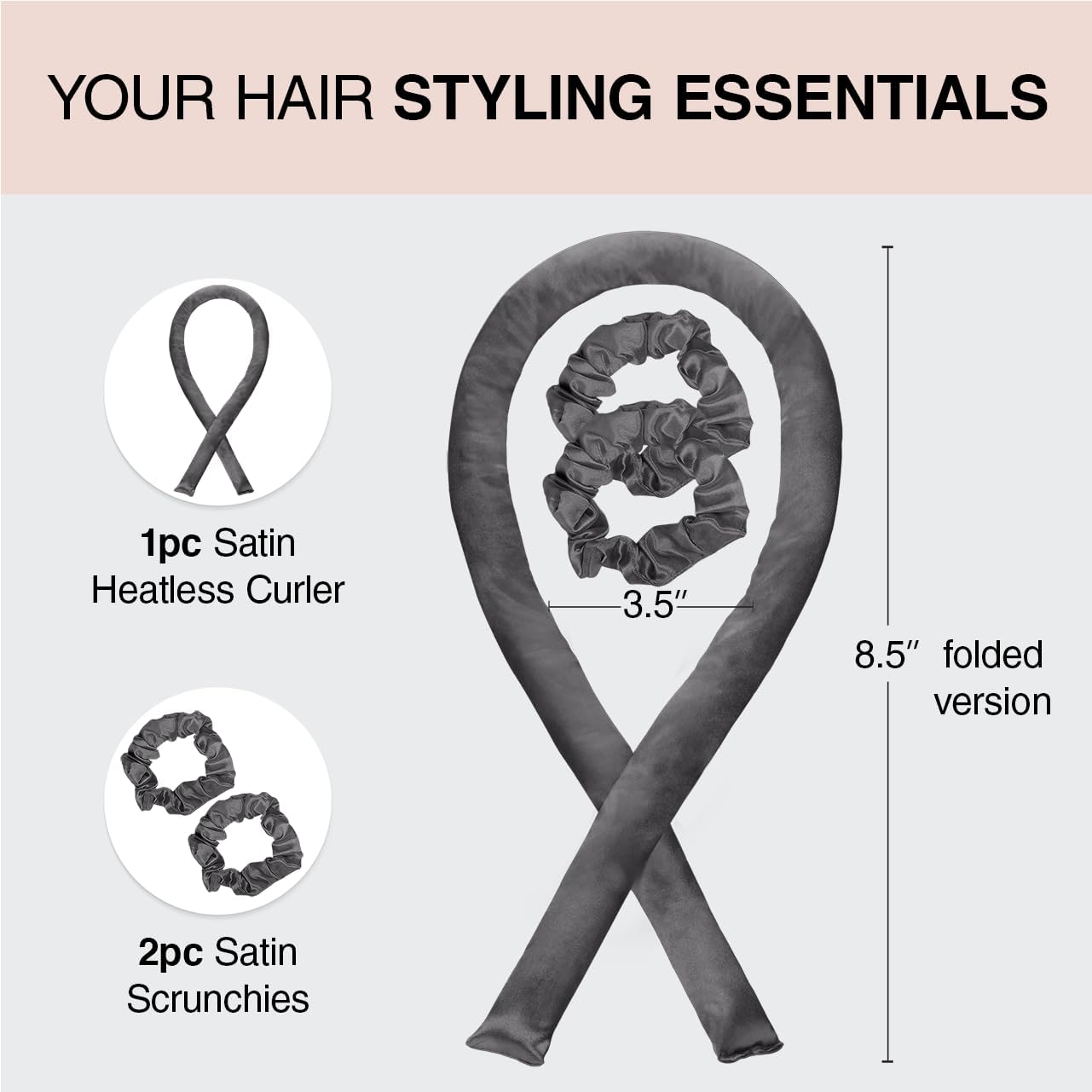 Ensemble de bigoudis sans chaleur - Bigoudi satiné sans chaleur, bigoudi sans chaleur pour cheveux longs et courts, boucles de nuit avec 2 chouchous satinés et tige de brushing - Charcoal Charbon 1 unité (Lot de 1)