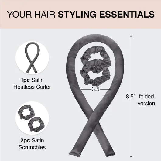 Ensemble de bigoudis sans chaleur - Bigoudi satiné sans chaleur, bigoudi sans chaleur pour cheveux longs et courts, boucles de nuit avec 2 chouchous satinés et tige de brushing - Charcoal Charbon 1 unité (Lot de 1)