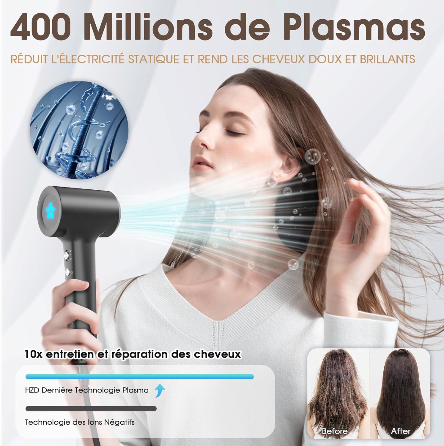 Seche Cheveux, Sèche Cheveux Ionique avec Diffuseur, Seche Cheveux à 400 Millions Plasma Professionnel, Moteur sans Balais de 110 000 tr/min pour un Séchage Rapide, 57 dB à Faible Bruit pour Voyage Noir
