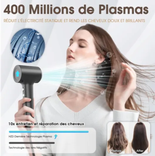 Seche Cheveux, Sèche Cheveux Ionique avec Diffuseur, Seche Cheveux à 400 Millions Plasma Professionnel, Moteur sans Balais de 110 000 tr/min pour un Séchage Rapide, 57 dB à Faible Bruit pour Voyage Noir