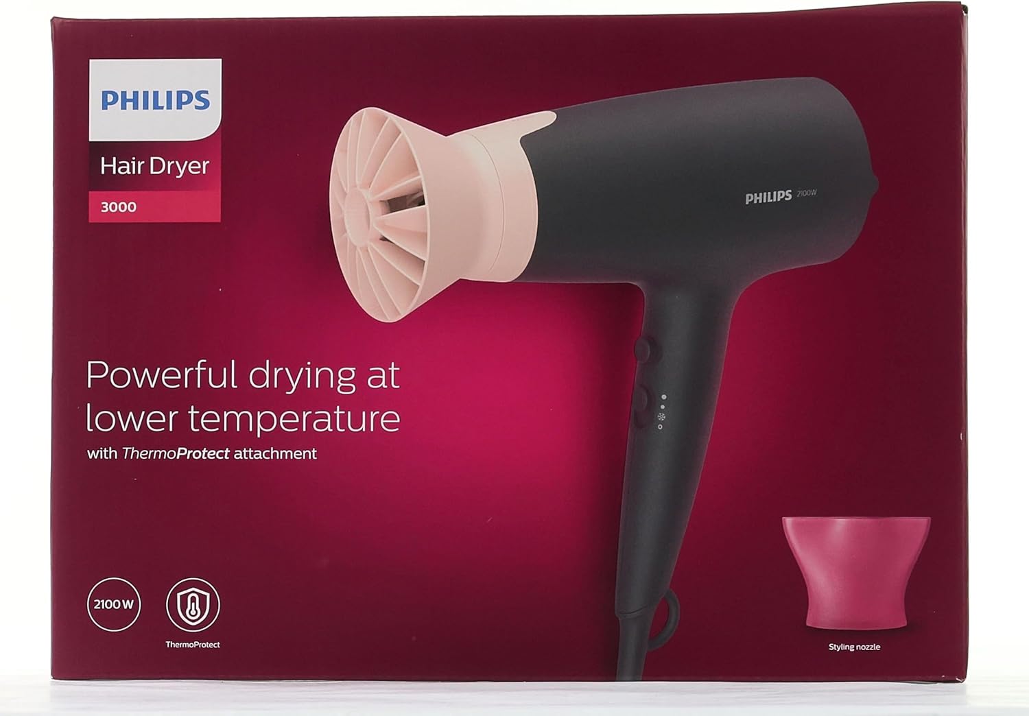 Seche Cheveux PHILIPS BHD350/10 Séries 3000 - 2100W - 6 combinaisons vitesse/T - Fonction ionique - ThermoProtect Noir 3000 noir avec buse coiffante