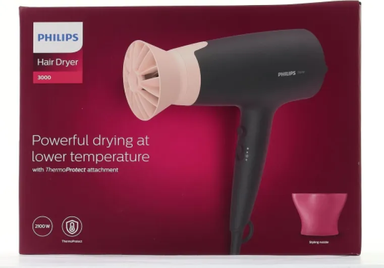 Seche Cheveux PHILIPS BHD350/10 Séries 3000 - 2100W - 6 combinaisons vitesse/T - Fonction ionique - ThermoProtect Noir 3000 noir avec buse coiffante