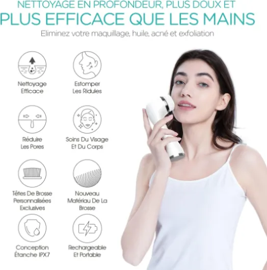 Brosse Nettoyante Visage Electrique, Rechargeable Rotative, Etanche IPX7, 3 Vitesses et 5 Brosses pour le Nettoyage et L'exfoliation, Blanc