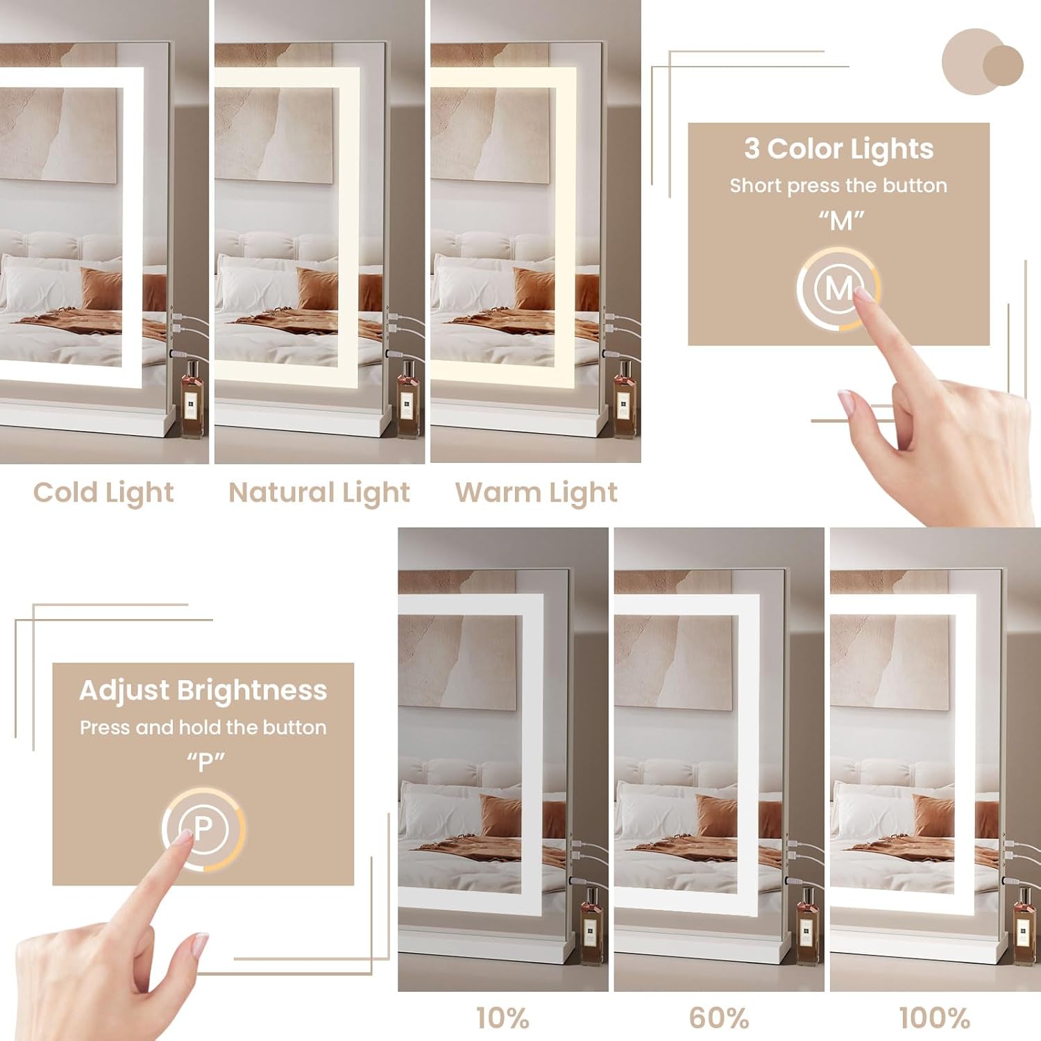 Miroir Maquillage Lumineux 80 x 58cm, Miroir LED Contrôle Tactile, 3 Modes, Luminosité Réglable, Port USB & Type-C, Grossissante Inclues, Miroir de Table et de Mur - Blanc 58L x 80l cm