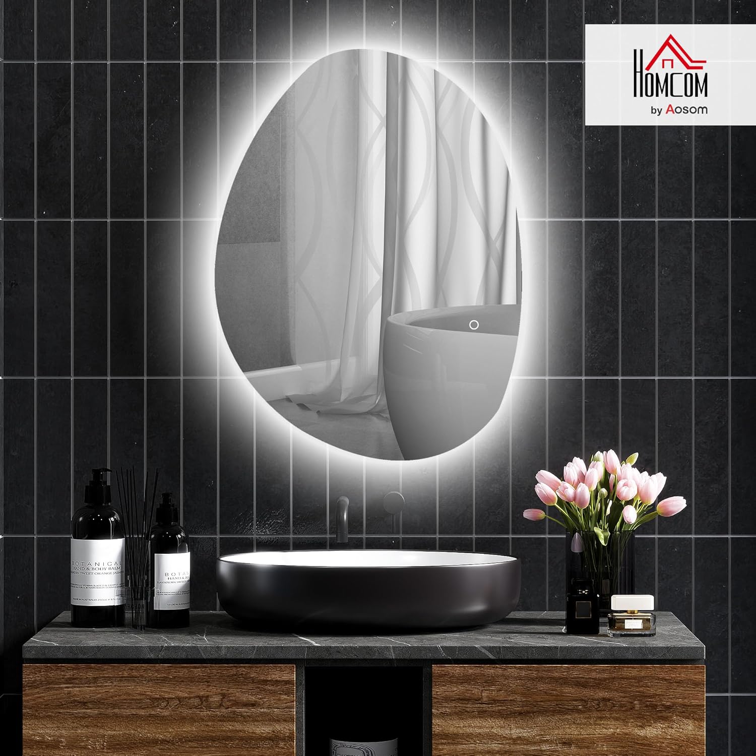 Miroir Salle de Bain avec éclairage LED 80 x 60 cm, Miroir Lumineux Mural asymétrique, Anti-buée, 3 Couleurs lumière, dimmable, mémoire, Interrupteur Tactile, Verre trempé, IP44, argenté 80L x 60l cm