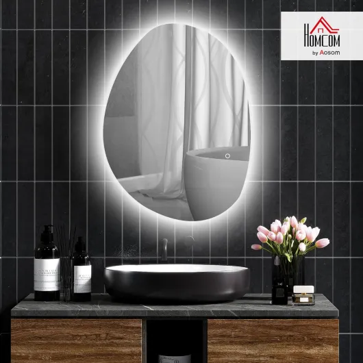 Miroir Salle de Bain avec éclairage LED 80 x 60 cm, Miroir Lumineux Mural asymétrique, Anti-buée, 3 Couleurs lumière, dimmable, mémoire, Interrupteur Tactile, Verre trempé, IP44, argenté 80L x 60l cm
