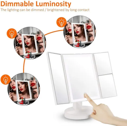 Miroir de Maquillage avec Éclairage LED et Écran Tactile, Grossissement 1X/2X/3X, Rotation Réglable à 180 °, Miroir de Comptoir à Piles et Alimenté par USB (Blanc)
