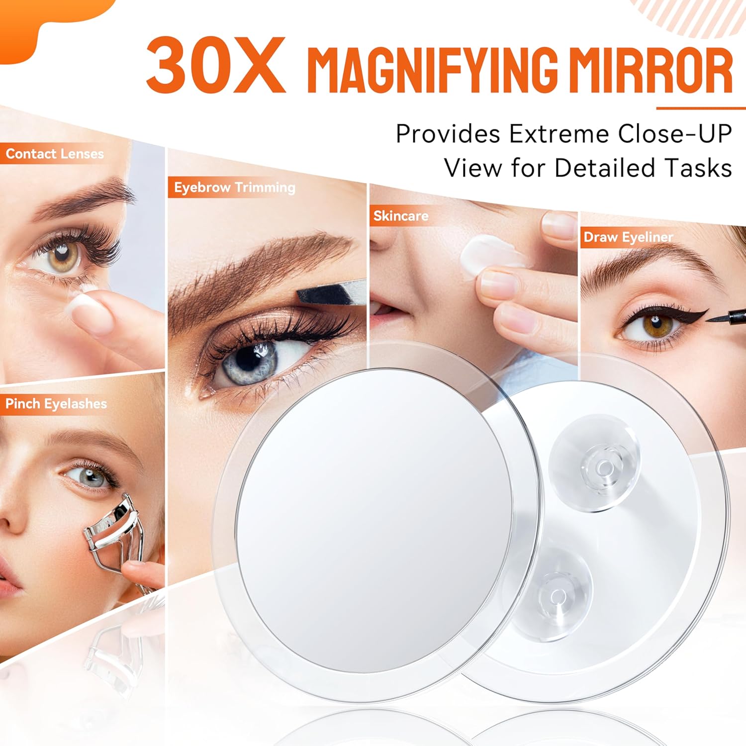 Miroir Grossissant 30X Rond Mural avec 3 Ventouses, Miroir Cosmétique de Poche Portable avec Pince à Épiler pour Maquillage Épilation Elimination Points Noirs (15cm) 30x - Φ15cm-transparent
