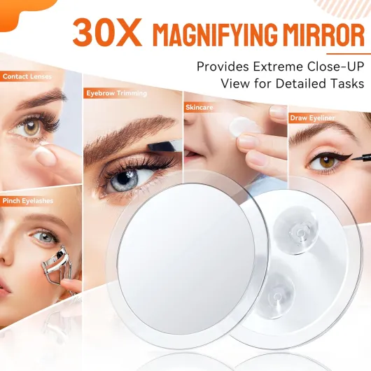 Miroir Grossissant 30X Rond Mural avec 3 Ventouses, Miroir Cosmétique de Poche Portable avec Pince à Épiler pour Maquillage Épilation Elimination Points Noirs (15cm) 30x - Φ15cm-transparent