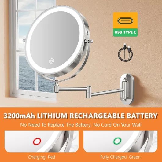 8 Pouces Miroir Grossissant Lumineux Mural x30, Miroir Grossissant Mural avec 3 Modes de Couleur, 1X/30X Grossissement Charge USB, Écran Tactile, 360° Pivotant et Extensible pour Salles de Bain Argenté 1X/30X-USB