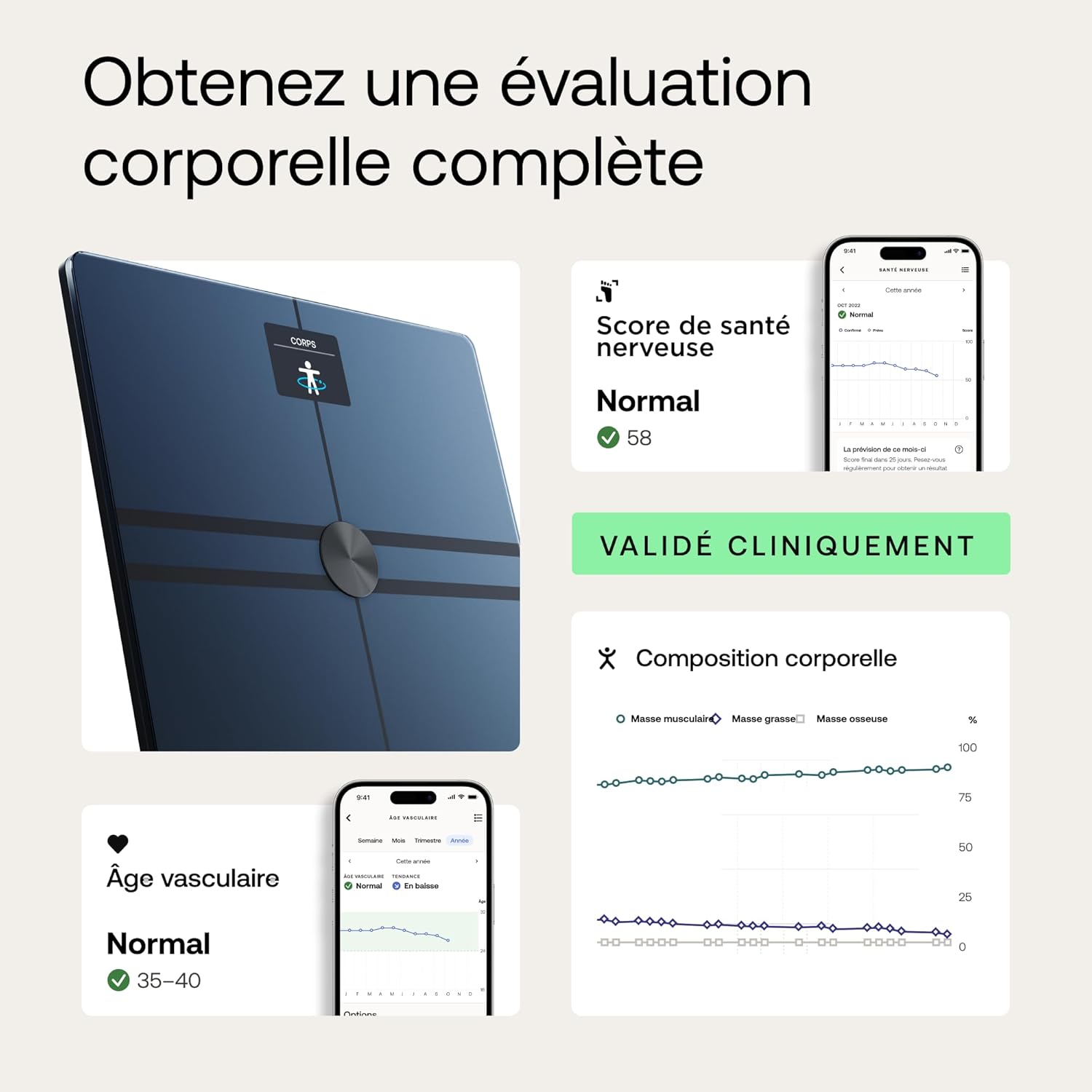 Body Comp - Balance avec analyse corporelle complète, balance connectée Wi-Fi & Bluetooth avec écran couleur, Balance digitale avec précision de la graisse viscérale, du cœur, Noir 1.0 unité Noir Body Comp