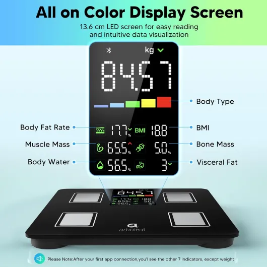 Pèse-personne Intelligent avec Indicateur d'Impédance, Balance Connectée Bluetooth, Analyse Graisse Corporelle, Masse Musculaire, Grand Écran LED 180 kg / 400 lbs 280 noir