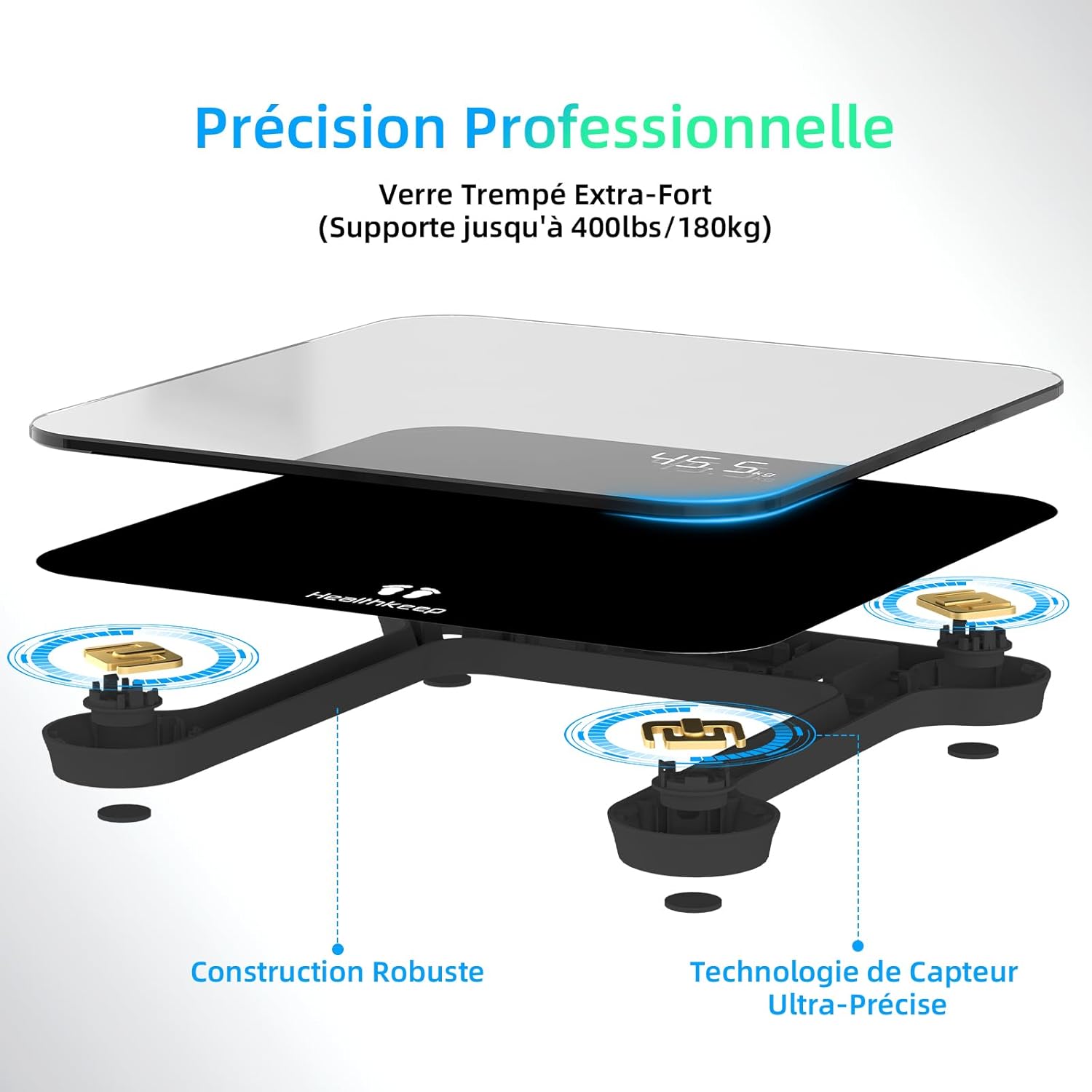 Balance Pese Personne Numérique, Haute Précision avec Affichage Lumineux, Technologie Step-On 5mm Verre Trempé, Haute Précision à 180kg/ 400lb Noir