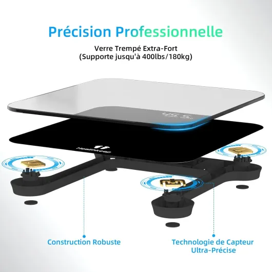 Balance Pese Personne Numérique, Haute Précision avec Affichage Lumineux, Technologie Step-On 5mm Verre Trempé, Haute Précision à 180kg/ 400lb Noir