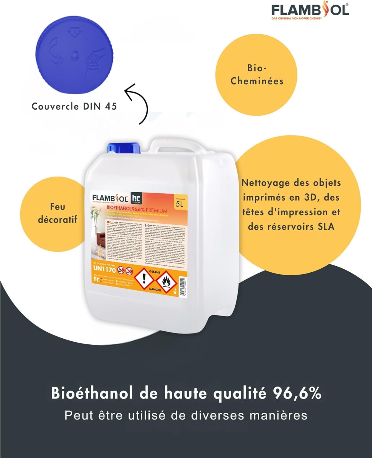 4 x 5 L (20 litres) FLAMBIOL® bioéthanol 96,6% Premium pour cheminée à l'éthanol, feu de Table à l'éthanol et cheminée au bioéthanol
