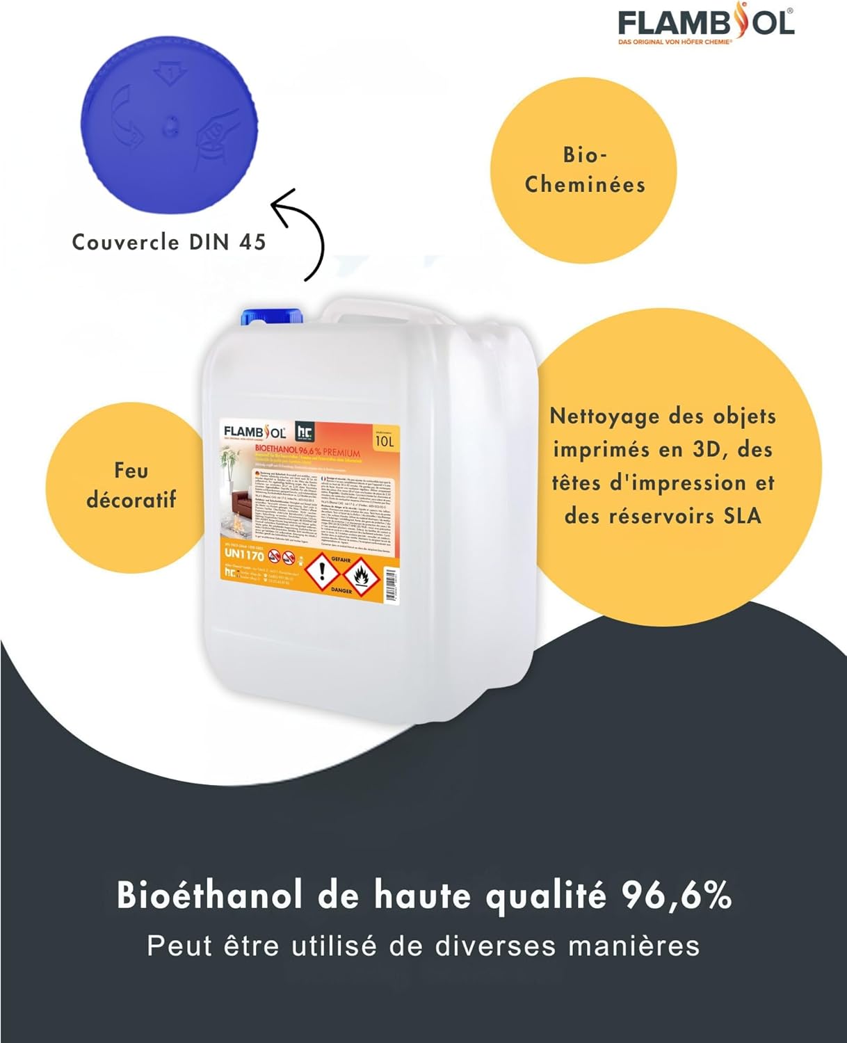 Bioéthanol 96,6% Premium 2 x 10 L - Éthanol pour cheminées de Table, cheminées et décorations de Jardin extérieur - sans fumée ni suie - A Base de maïs et de Betterave sucrière