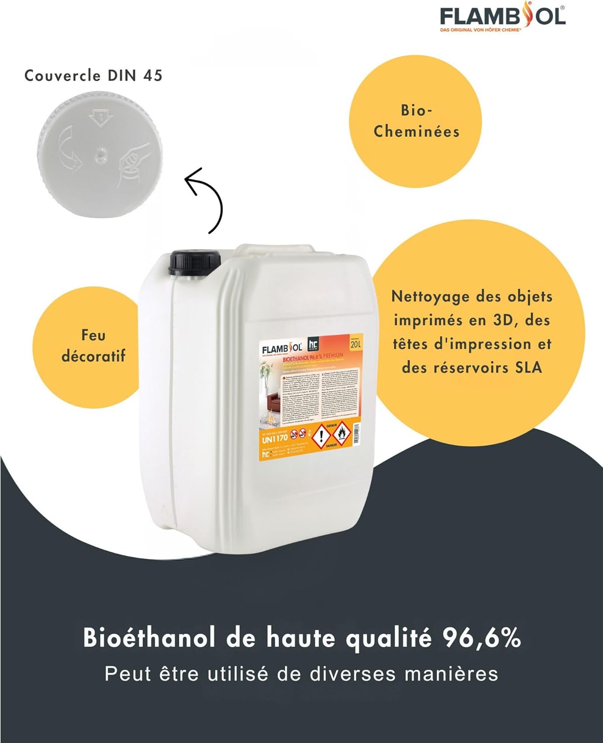 4 x 20 l (80 litres) Bioéthanol 96,6% Premium - pour Foyer à éthanol, cheminée de Table à éthanol et cheminée au bioéthanol