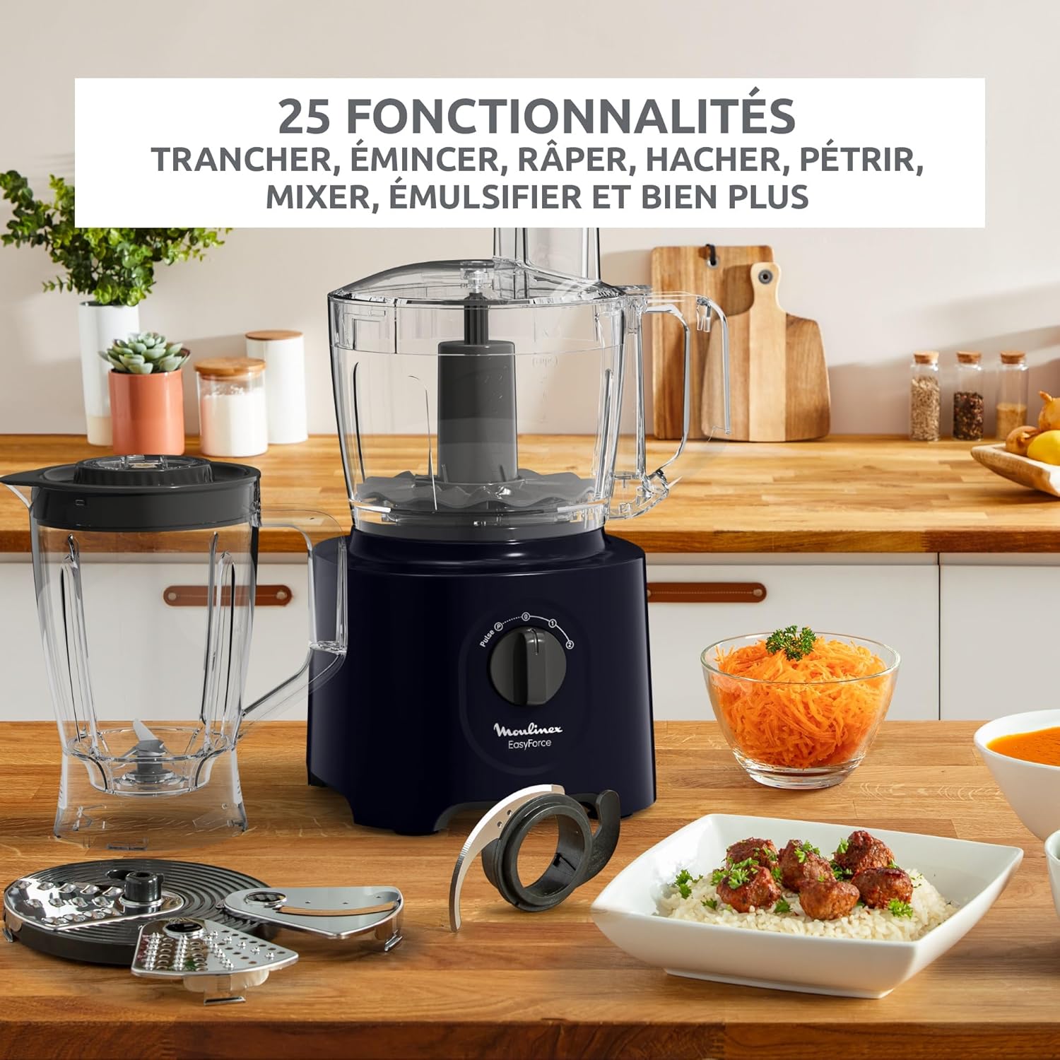 Easy Force, Robot Cuisine Multifonction Compact 3L, 800W, 2 Vitesses + Pulse, 25 fonctions, 6 accessoires, Blender, Râpes, Bleu, FP247810 800W - 6 accessoires