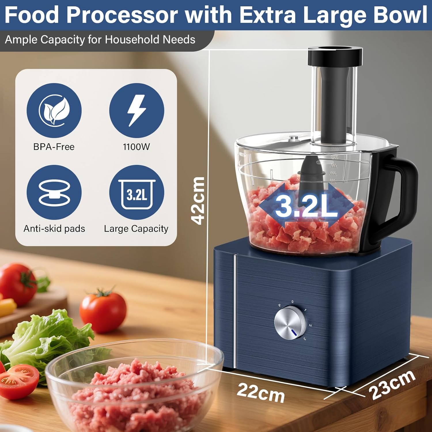 Robot Multifonction Cuisine, 1100 W Robot Culinaire, Bol Mélangeur 3.2 L, Hachoir Multifonction, Robot Mixeur 1.5 L, Moulin à café, Bleu Foncé