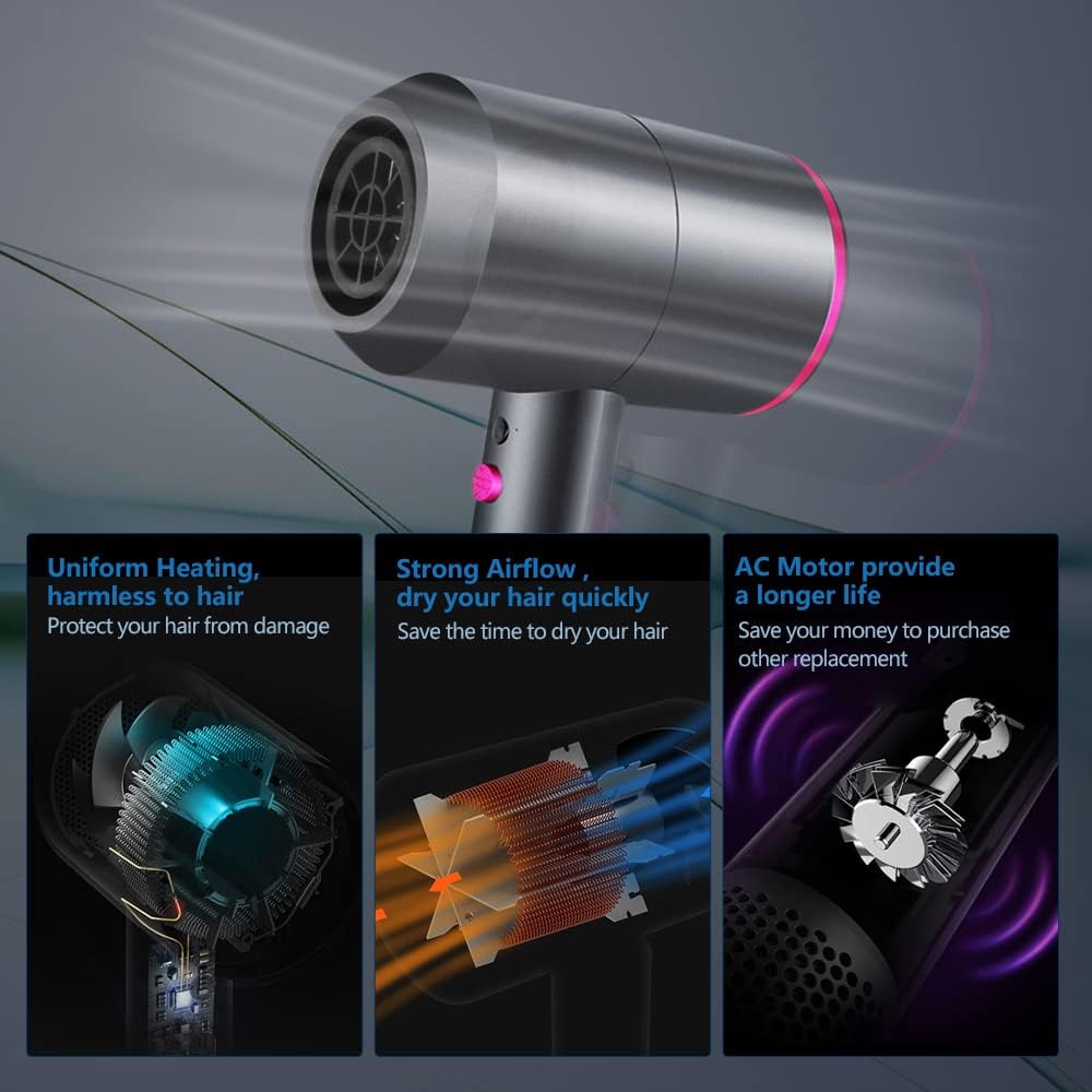 HappyGoo Sèche-cheveux Professionnel Durable et Ionique, Séchage Rapide, Protection Thermique, Bouton Air Froid, 3 Niveaux de Température, 2 Buses, 1 Diffuseur, Pour Famille et Salon de Coiffure Gris