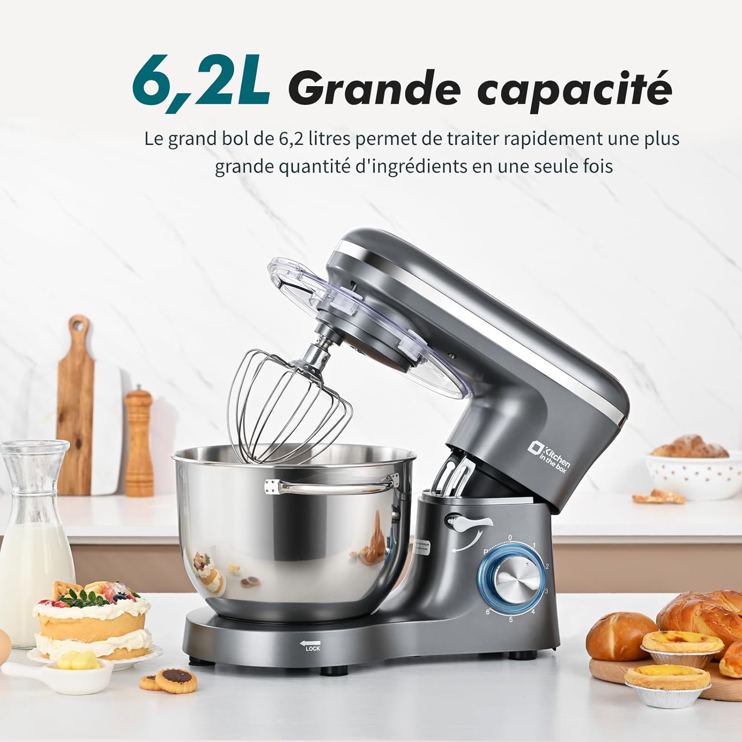 Robot Pâtissier 1400W, Bol 6,2L en Acier Inoxydable, 6 Vitesses, Fouet, Crochet et Batteur Inclus, Idéal pour Pâtisserie et Boulangerie (Gris) 6.2L Gris